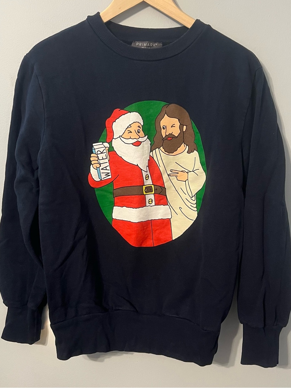 Christmas Crewneck Size M Santa & Jesus Graphic Navy Primark Holiday Sweatshirt